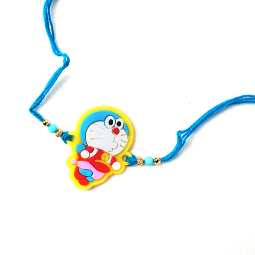 Cute Doraemon Character Kids Rakhi with Soft Blue Thread & Golden Beads