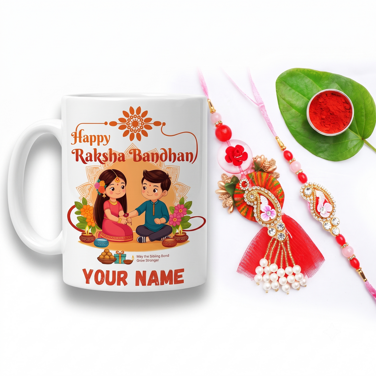 Personalized Happy Raksha Bandhan Custom Name Mug & Royal Kundan Rakhi Gift Combo Set