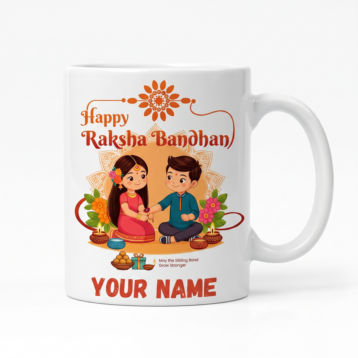 Personalized Happy Raksha Bandhan Custom Name Mug & Royal Kundan Rakhi Gift Combo Set